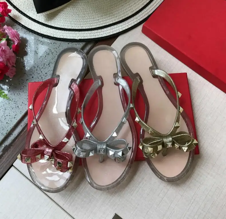 Summer Beach Sandals Woman Flip Flops PVC Slides Female Sandals Rivet Bowknot Slip on Flat with Women Studs Slippers Jelly Shoes