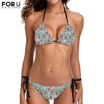 

FORUDESIGNS NEW Women Push-up Low Waist Bikini Set Guitar Instrument with Flower 3D Printing Padded Bandage Swimsuit Swimwear
