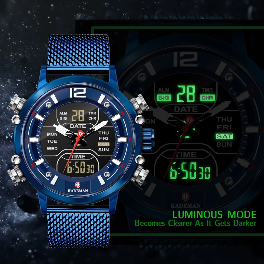 Мужские Водонепроницаемые многофункциональные часы KADEMAN из нержавеющей стали с