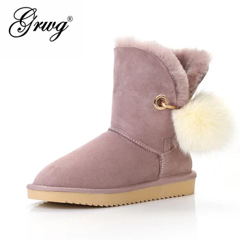 

GRWG New Genuine Sheepskin Leather Snow Boots Natural Fur Botas Mujer Winter Real Wool Fashion Women Shoes