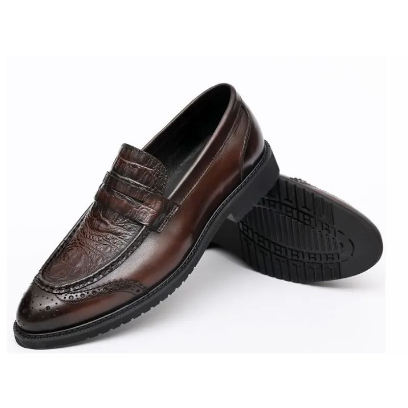 Роскошные брендовые лоферы; мужские осенние туфли из натуральной кожи с узором «крокодиловая кожа» в британском стиле; винтажные вечерние туфли с острым носком; цвет коричневый; Мужские модельные туфли