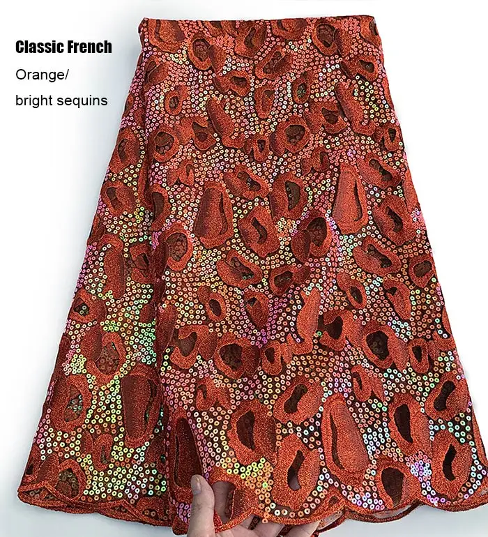 Ослепительный классические французское кружево с блестками супер аккуратная вышивка африканским тюлем в Корейском стиле сетчатая Кружевная Ткань 5 ярдов блестящие высокого качества - Цвет: Orange