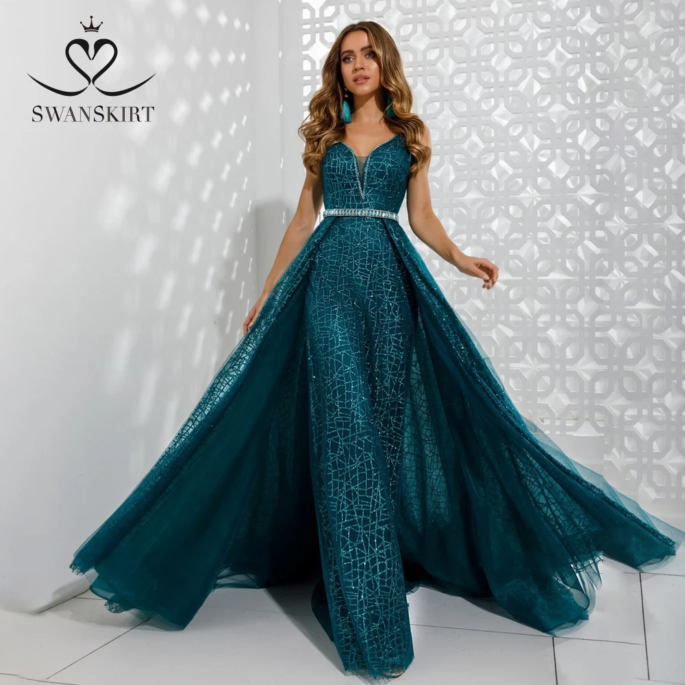 Модное вышитое бисером свадебное платье Swanskirt K333 с v-образным вырезом и поясом со съемным шлейфом вечерние свадебные платья на заказ Vestido de novia