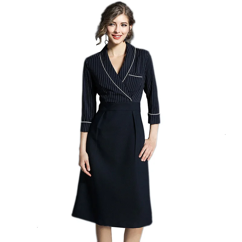 

work clothes Elegant V -neck Dress Three quartz fashion A -line Halfway through the Kuit Lente Business Casual dresses LU560