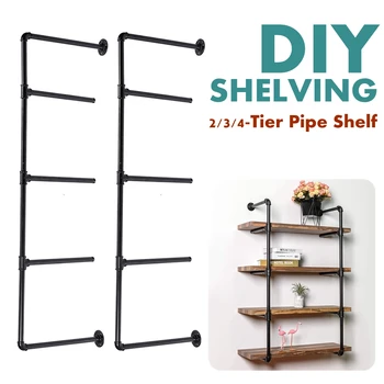

2 PCS 4 Tier Shelf Industrial Furniture Wall Shelf Bracket Home Decor Hanging Storage Shelves Iron Pipe Black DIY Pipe Shelves