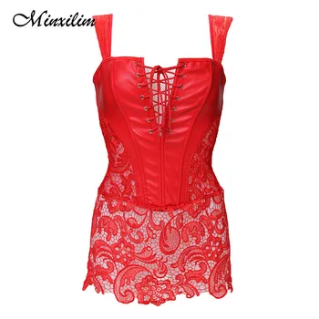 

Minxilim Women Red Faux Leather&Lace Corset Dress Burlesque Steampunk Corset Sexy Zipper Back Straps Overbust Plus Size S-6XL