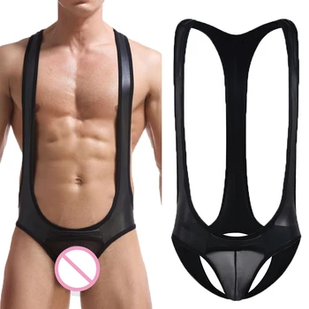 

Sexy Men Jumpsuits Mesh Pouch Crothless PU Leather Undershirt Wrestling Singlet Open Back Lingerie Underwear Latex Gay Bodysuits