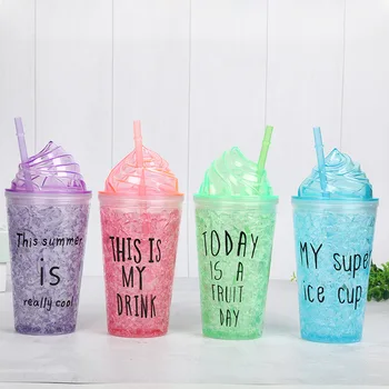 

450ml creative summer outdoor letter ice cup student double plastic water cup with cover straw cold storage broken ice cup Sale