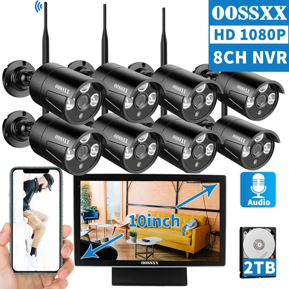 OOSSXX 8CH 1080P Беспроводная NVR Kit 10 дюймовый ЖК монитор HD 2 мегапиксельная камера