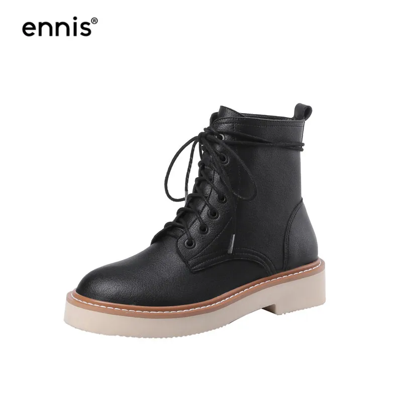 Black ENNIS/брендовые Модные Ботинки martin на шнуровке женские ботинки из натуральной кожи ботильоны на платформе осенне-зимняя обувь с круглым носком A9277 - Цвет: Black