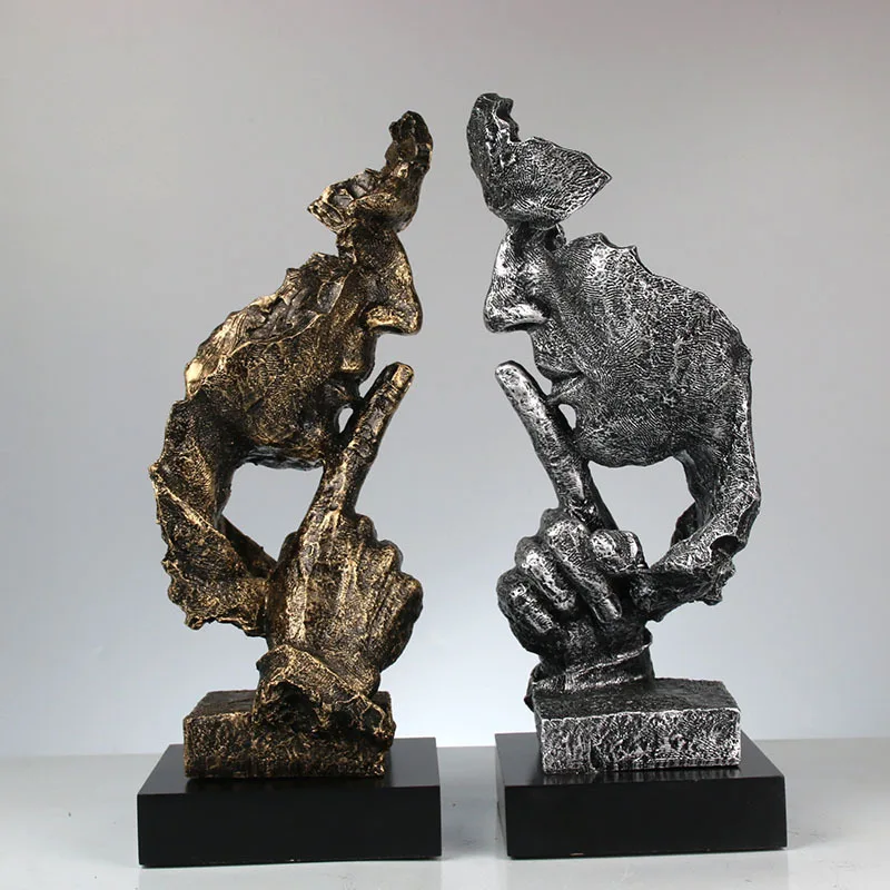 Online Harz Kunst Stille Maske Figuren Abstrakte Schweigen Ist Gold Statuetten Maske Miniaturen Skulptur Hause Dekoration Kunstwerk G