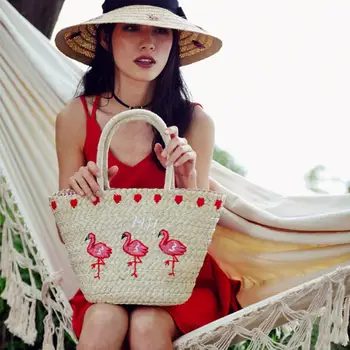 

Delicate Flamingo Hot Summer Brand New Embroidery Straw Braided Bag Holiday Woven Beach Sling Bag Tote Bag bolsa feminina