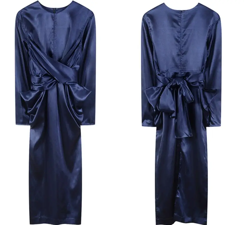 Vintage Solid Women's O Neck Long Sleeve Dress High Waist Tunic Ruched Midi Autumn Dresses