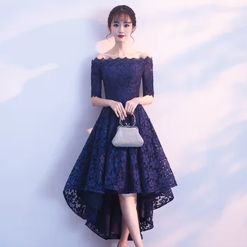 

Veshja Dasmes 2020 New Formal Evening Dresses Elegant Boat Neck Lace Navy Blue Vestidos Women Party Gown Robe De Soiree