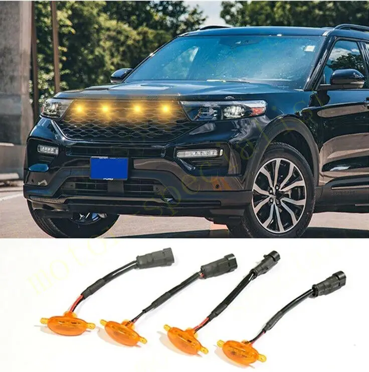 

LED Car Front Grille LED Amber Light Raptor Style Light Kit Decor W/ Wire Speed 4Pcs For Ford Explorer 2020-2021