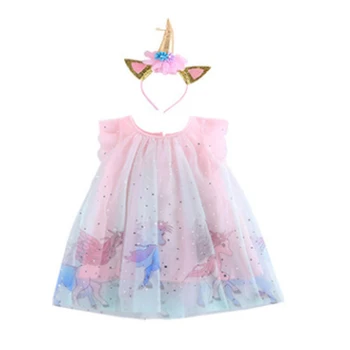 

Infant Kids Girls Summer Dress Lace Mesh Ruffle Unicorn Sleeveless Multi-Layer Cute Sweet Princess Dress with Unicorn Hair Band
