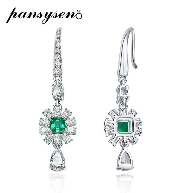 

PANSYSEN 925 Sterling Silver 4MM Emerald Created Moissanite Dangle Drop Earrings for Women Cocktail Party Fine Jewelry Wholesale