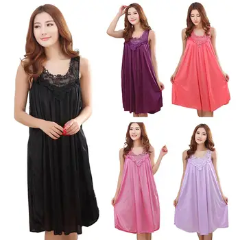 

Sexy Night Dress Women Solid Color Sleeveless Night Gown Women Floral Brim Sexy Nightwear Women Plus Size Midi Night Dress