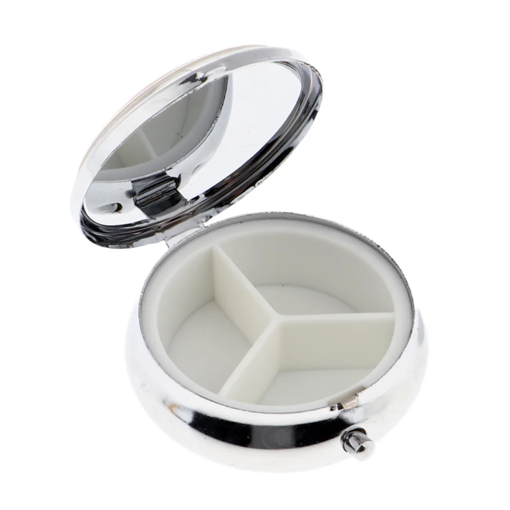 Round Floral Pill Storage Case Travel Portable Box for Makeup Eyeshadow Blusher Nail Art Glitters with 3 Compartments