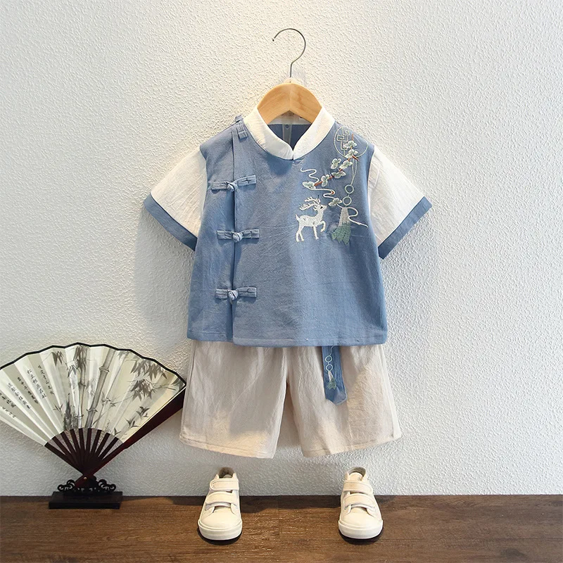 Hanfu boys' summer short sleeve Chinese style retro suit boys' Antique summer costume two-piece children's Tang suit