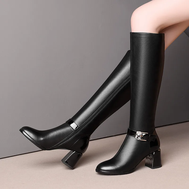 Meotina/зимние сапоги до колена женские высокие сапоги из натуральной кожи на толстом высоком каблуке обувь на молнии с пряжкой женская обувь размера плюс 33-43