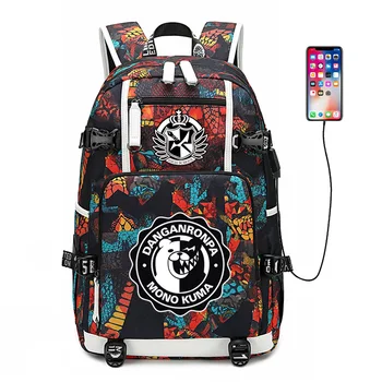 

Danganronpa Black White BEAR Backpack USB Port Rucksack Bag Snake Pattern Teenager Student BookBags travel Shoulder Laptop Bag
