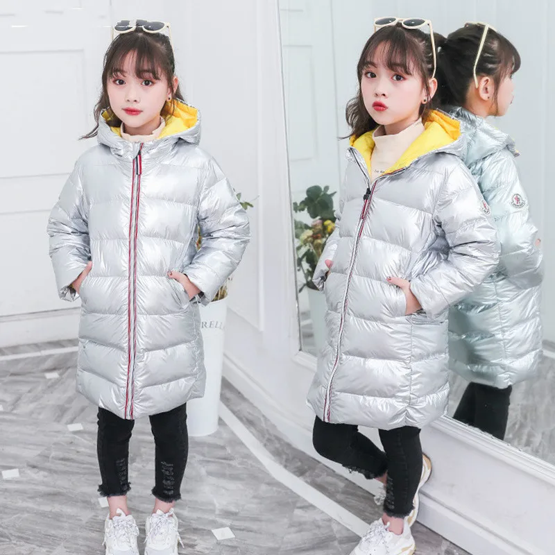 Детская зимняя одежда для девочек куртки на утином пуху Одежда для мальчиков серебряного цвета Детская стеганая парка с капюшоном длинное пальто водонепроницаемое пальто