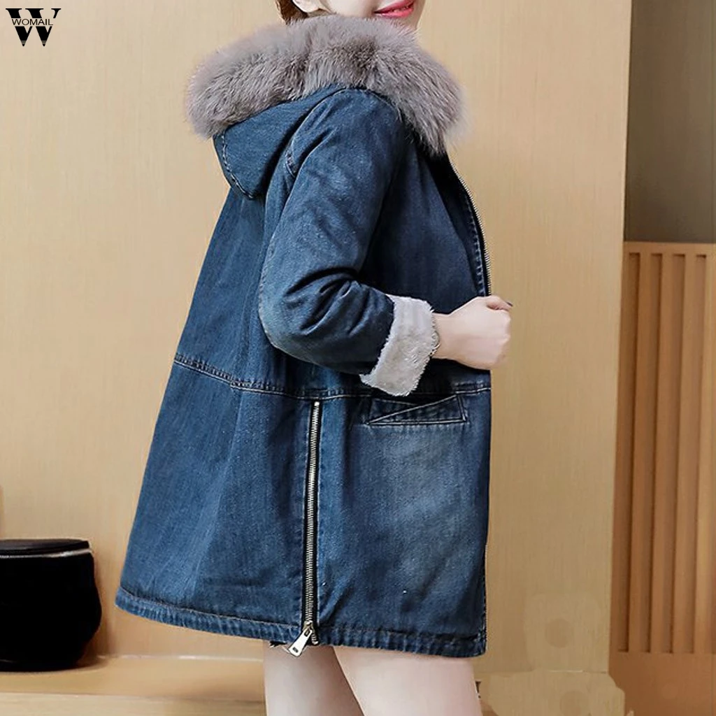Женская зимняя Осенняя джинсовая куртка из искусственного меха, длинное пальто, повседневная одежда, пальто, топы, женское джинсовое пальто 8,26