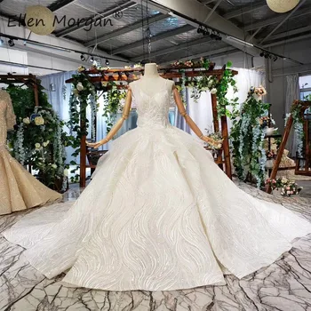 

Sexy Straps Ivory Lace Ball Gowns Wedding Dresses For Women Ruffles Beads Applique Chaple Train Luxury Vestidos De Novia 2019