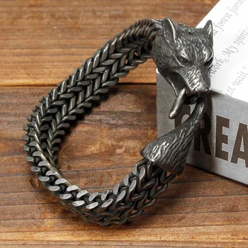

Men Norse Vikings Stainless Steel Wolf Bracelet Chain Link Amulet Jewelry Gift Fashion