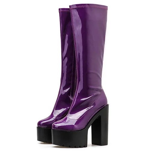 purple shoes Gdgydh/осенне-зимние черные сапоги из лакированной кожи женские сапоги до середины икры на платформе и высоком каблуке с молнией, Прямая - Цвет: purple shoes