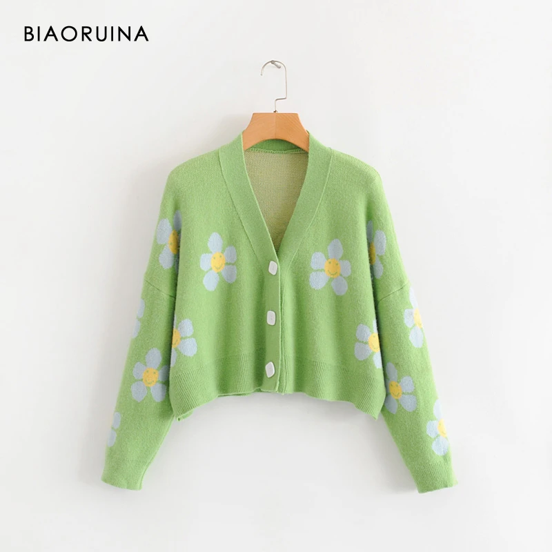BIAORUINA, женский корейский стиль, цветочный принт, v-образный вырез, вязаный кардиган, Женский Повседневный свитер, больше размера d, подходит ко всему, один размер