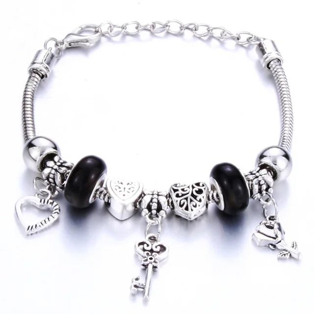 Antique Original Crown key lock Shape 6 colors Charm Bracelets For Women Glass Beads Brand Bracelet & Bangle DIY Jewelry Gifts 0005BK