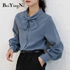 Beiyingni Fashion Casual Bow Tie Blouses Womens Tops Oversized Vintage Solid Color Shirts Female Autumn Winter Long Sleeve Blusa 6