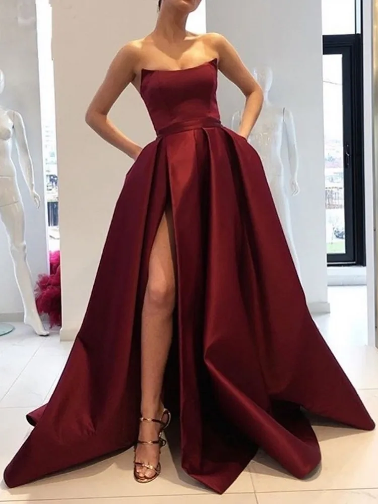 beautiful prom dresses Elegant Strapless Party Gown Satin Sexy Prom Dress Lilac High Slit Plus Size Prom Dresses Long vestido fiesta blue prom dresses Prom Dresses