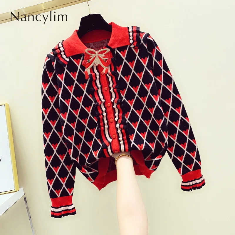 

2019 Autumn and Winter Rhomboid Pattern Butterfly Knot Long-sleeved Sweater Knitted Cardigan Ladies Temperament Sweater Jumper