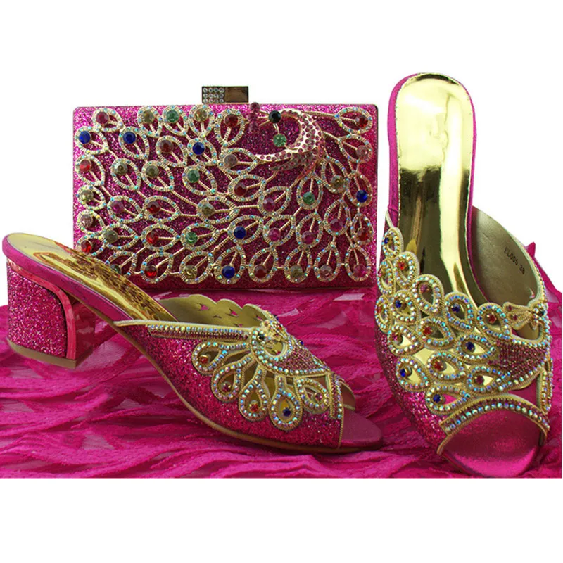 Fuchsia Новые модели обуви и подходящая Сумочка в нигерийском вечерние последние Нигерии Для женщин Свадебный комплект из обуви и сумки, украшенные Стразы - Цвет: Fuchsia