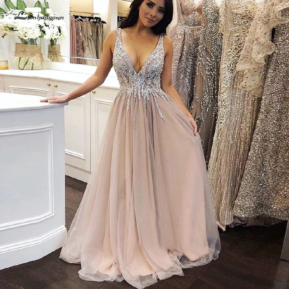 Lakshmigown Vestido de Gala сексуальные женские платья для выпускного вечера Длинные элегантные вечерние платья для свадебной вечеринки глубокий v-образный вырез кристалл бисер
