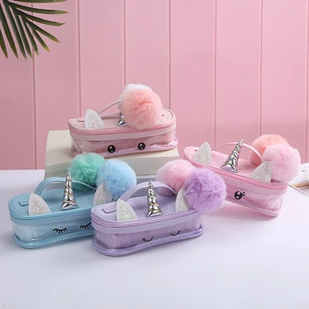 

Student Cartoon Unicorn Pencil Case Women PU Plush Makeup Pouch Zipper Rainbow Fur Cosmetic Bag Girl Cute Travel Washing Case
