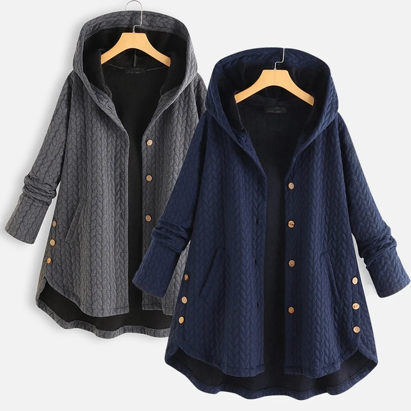 Autumn and winter plus size hoodies 3XL-7XL new fashion women's solid color pocket buttons irregular hem casual | Женская одежда