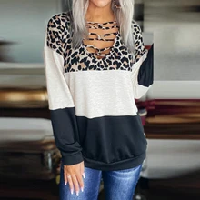 

Fashion Leopard Print Shirt Women Casual Loose Shirts Patchwork V-Neck Long Sleeve Spring Autumn Ladies Tops Pullovers
