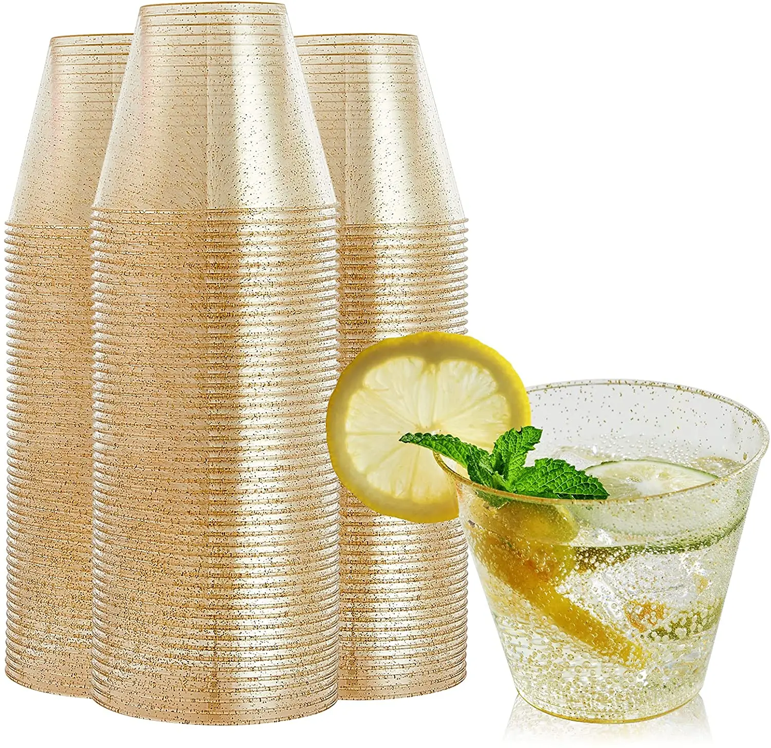 Bulk 100 Ct. Gold Glitter Plastic Shot Glass & Cup Kit