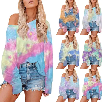 

Fashion Tie-dye Gradient Print Batwing Long Sleeve T shirts Women Autumn 2020 New Tee Pullovers Loose Casual Female T shirt Tops