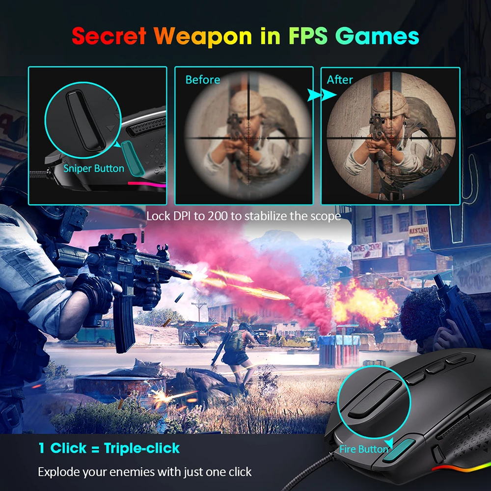 PICTEK PC257 Gaming Mouse Wired 12000 DPI Ergonomic Mouse USB With RGB Backlit 10 Programmable Buttons For Computer Gamer Mice PK Razer Gaming Mouse (5)