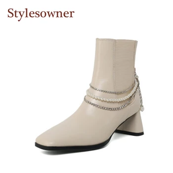

Pearl Rhinestone Chain Short Boots Niche Thick Heel Fashion Boots New Korean Style Real Leather Square Toe Mid Heel Boots Women