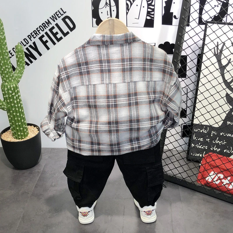 2 3 4 5 6 Years Boys Clothing Sets Casual Plaid Long Sleeve Stitching Denim Shirt Pants Kids Tracksuit Stylish Clothes For Boys