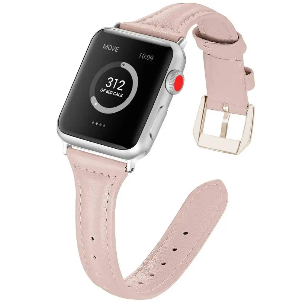 Кожаный ремешок для Apple watch 44 мм 40 мм iwatch 4 ремешка 42 мм 38 мм Тонкий браслет с металлической пряжкой Ремешки для наручных часов 4 3 2 1 Аксессуары - Цвет ремешка: pink sand