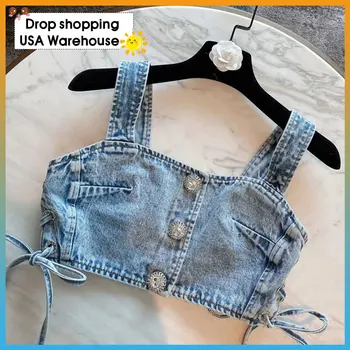 

French retro strappy denim sling top women's summer 2020 new small Denim Vest Women's Coat Vintage Sleeveless Short Casual Vest