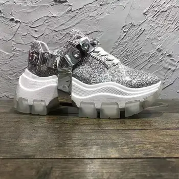 

Womens Sequins Bling Sliver Diamond Ankle Boots Platform Hoof High Heel Genuine Leather Belt Buckle Shoes Luxury F80