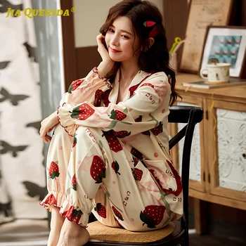 

Woman Cotton New Soft Front Pocket Printing Homesuit Homeclothes Sleepwear Turn Down Collar Woman Pajamas Set Spring Autumn